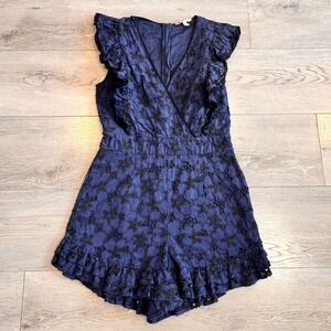 Rebecca Taylor Adriana Blue & Black Floral Eyelet Ruffle Romper 8 Medium No Belt